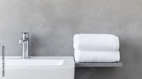 Obraz na płótnie A modern bathroom sink with a sleek faucet and neatly stacked white towels on a gray wall. w salonie