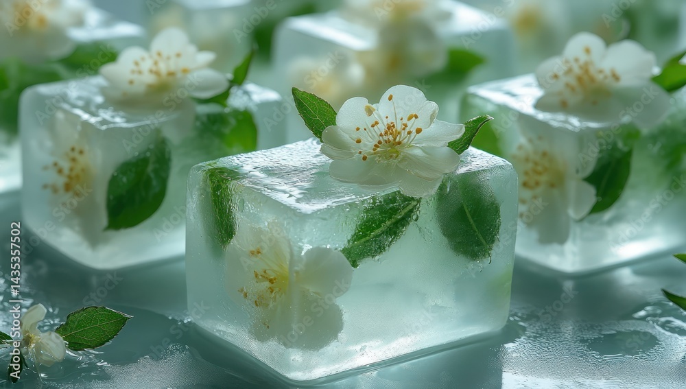 Frozen Jasmine Flowers in Ice Cubes. Frozen Jasmine Flowers in Ice Cubes.