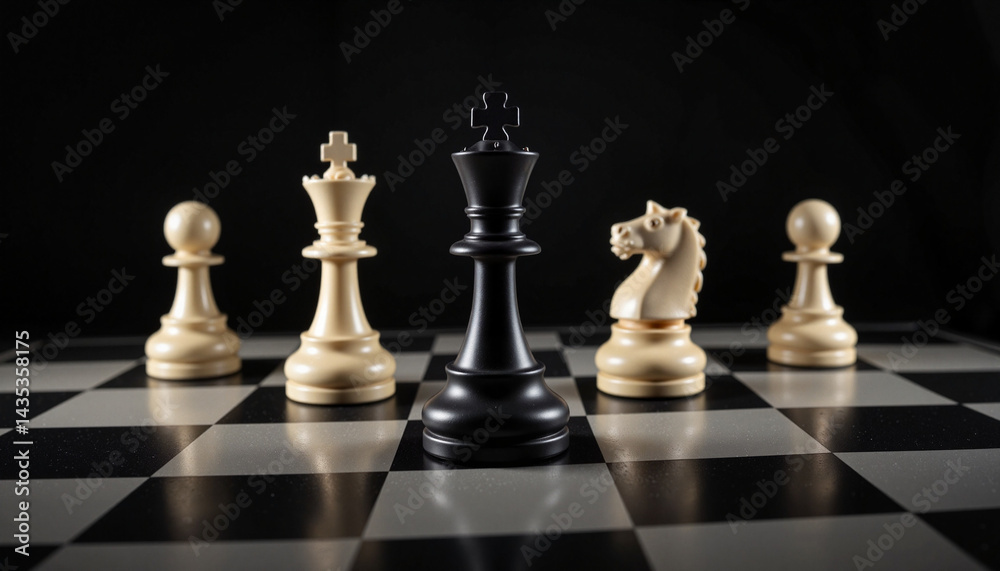 Chess pieces arranged with a black king in focus against black Chess pieces arranged with a black king in focus against black