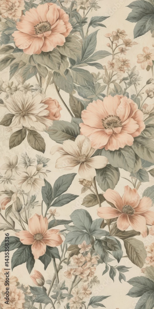 custom made wallpaper toronto digitalA vibrant floral wallpaper featuring delicate pink blossoms intertwined with lush green leaves, creating a fresh and inviting atmosphere in any space.