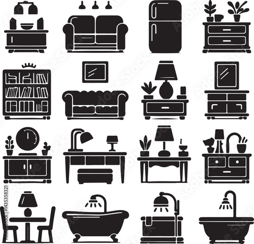 Home furniture icon set black vector sillhouttee with sofa, bed, fridge, lamp, bookshelf, table and bathtub
