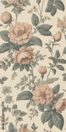 Wallpaper Mural A vibrant wallpaper design featuring delicate pink flowers intertwined with lush green leaves, creating a fresh and cheerful botanical pattern. Torontodigital.ca