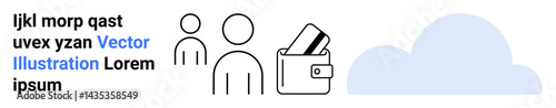 Simplistic figures of individuals beside a wallet with a payment card, next to a cloud icon. Ideal for finance, banking, cloud storage, digital wallets, teamwork, online services technology. Landing