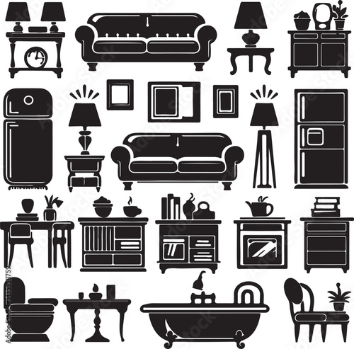 Home furniture icon set black vector sillhouttee with sofa, bed, fridge, lamp, bookshelf, table and bathtub