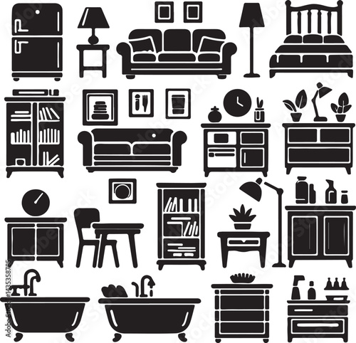Home furniture icon set black vector sillhouttee with sofa, bed, fridge, lamp, bookshelf, table and bathtub