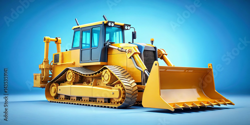 A bright yellow bulldozer stands prominently against a vivid blue backdrop. Its powerful tracks, large front blade, and detailed cabin highlight its essential role in construction