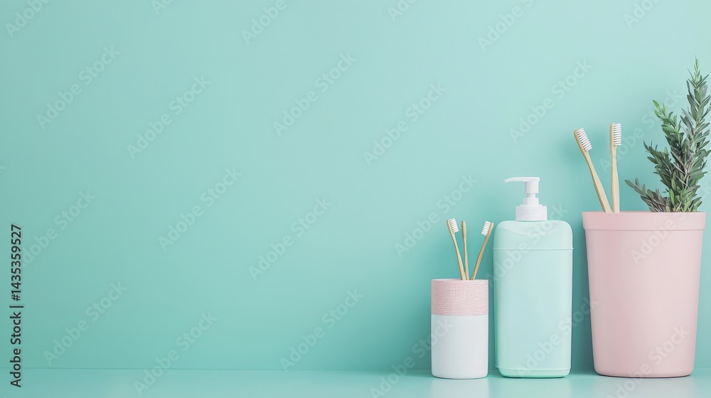 A stylish bathroom arrangement featuring a mint green background, toothbrushes, and a leafy plant in pastel containers.