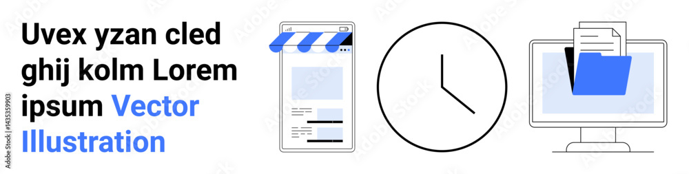 Mobile app storefront, clock symbol, desktop with folder and files. Ideal for time management, productivity, digital tools, organization, workflow, scheduling simple landing page Mobile app storefront, clock symbol, desktop with folder and files. Ideal for time management, productivity, digital tools, organization, workflow, scheduling simple landing page