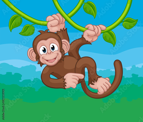 A monkey cartoon character singing on jungle vines and pointing