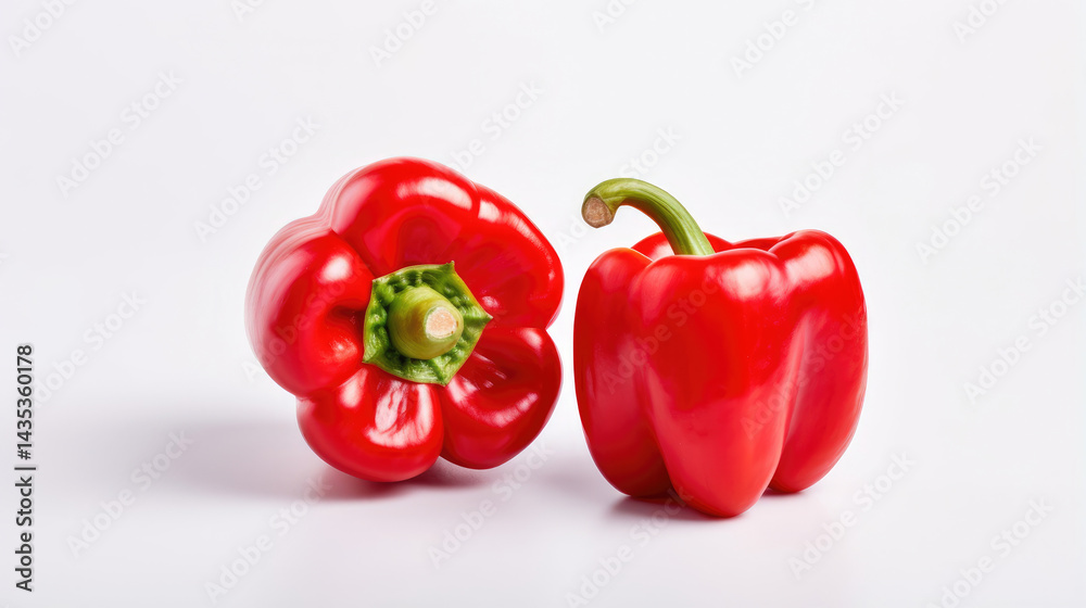 Two Whole Red Bell Peppers on a Clean White Background Seen from Different Angles Two Whole Red Bell Peppers on a Clean White Background Seen from Different Angles