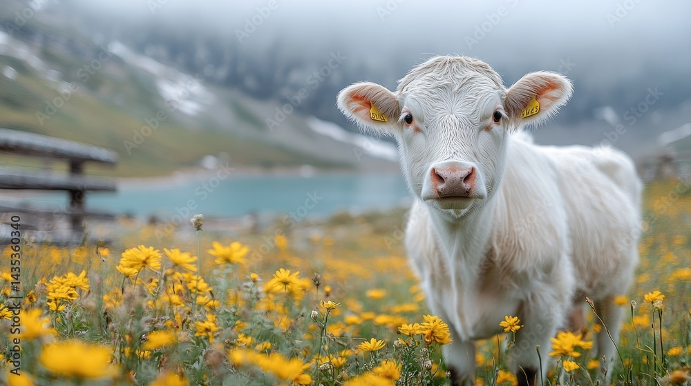 Fototapeta premium White cow in a field of flowers, mountains in the background