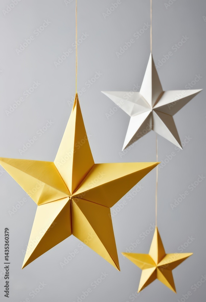 Obraz premium Three charming stars, two in bright white and one in sunny yellow, dangle gracefully from a delicate string, creating a whimsical, festive atmosphere.