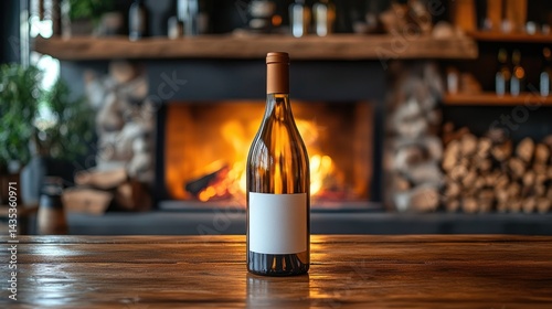 Wine bottle by fireplace.  A bottle of white wine sits on a wooden table in front of a warm fireplace.  