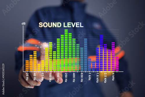 engineer point a graph of sound pressure level measurements in decibel and frequency in 1/3 octave format. This is a measure of industrial noise level and classification of noise pollution