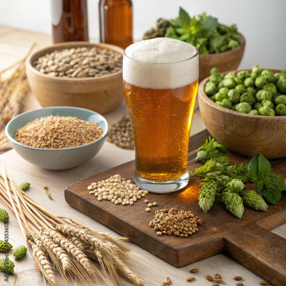 Fototapeta premium Glass of craft beer with hops and grains on wooden table