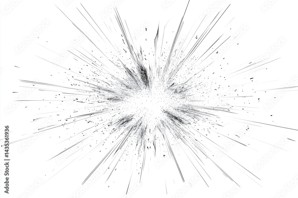 Obraz premium Abstract grayscale explosion; radiating lines and particles