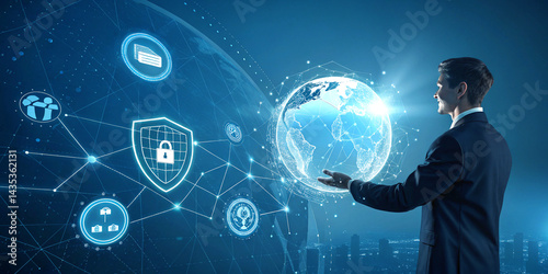 Businessman interacting with futuristic hologram globe showing data protection, digital connections, and global network technology