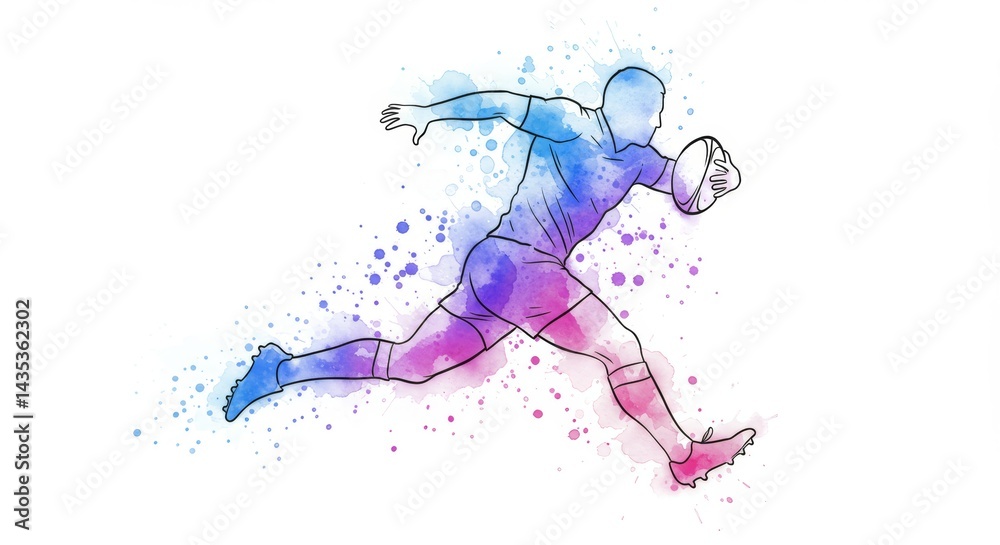 Obraz premium Dynamic Rugby Player Watercolor Illustration with Vibrant Fluid Movement