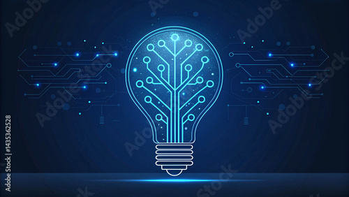 Creative digital illustration of glowing blue lightbulb with microchip pattern symbolizing innovative tech ideas and futuristic thinking