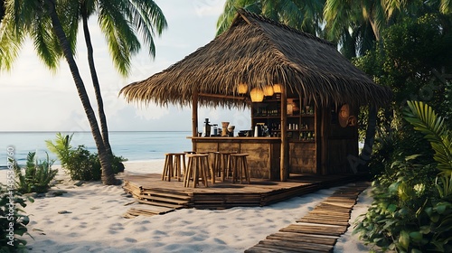 Tropical beachside hut bar with thatched roof and wooden bar. photo