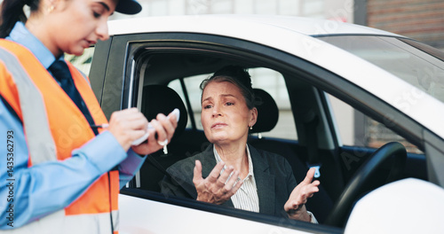 Konstfotografi Woman, police and writing fine for car speeding, ticket warning and law violation of crime