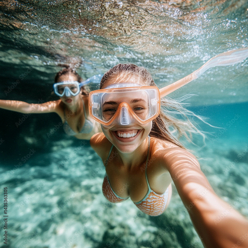 Fototapeta premium Friends snorkeling among tropical fish in crystal water