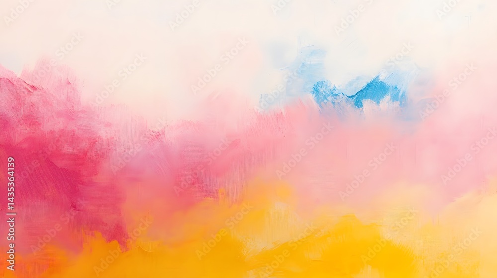 Obraz premium Abstract Pastel Landscape Painting, Pink, Yellow, Blue, Orange, Watercolor Texture, Brushstrokes, Soft Colors, Creamy Hues, Artistic Background
