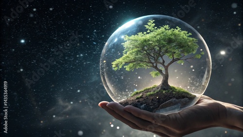 Environmental conservation concept with tree protected inside a glass globe in human hands against a cosmic background