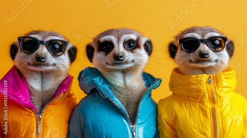 Three small animals wearing sunglasses and jackets