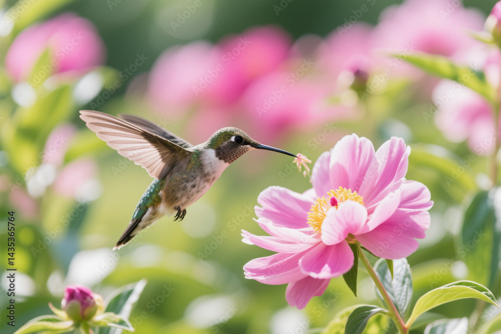 Fototapeta premium A hummingbird flying next to a flower 