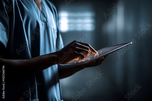 Healthcare Professional Using Tablet Technology for Medical Records Access