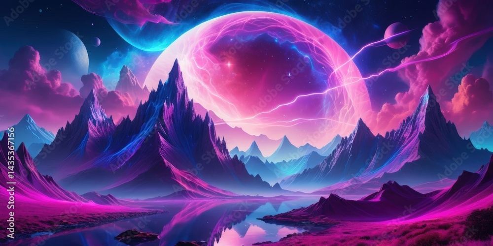 Obraz premium A stunning landscape featuring majestic purple and blue mountains, rugged rocks, and a serene body of water reflecting the vibrant hues of the sky.