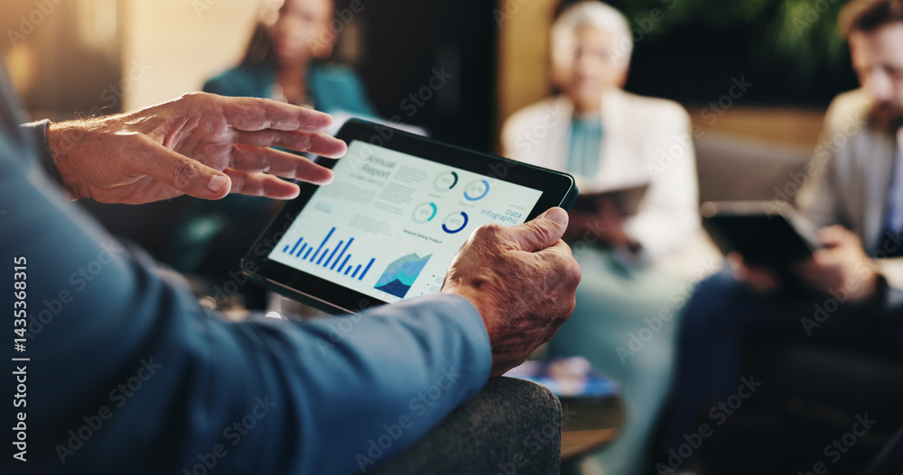Business charts, hands and meeting with tablet screen for revenue stats, company performance and financial growth. Closeup, investors and graphs for budget forecasting, data analysis or profit report