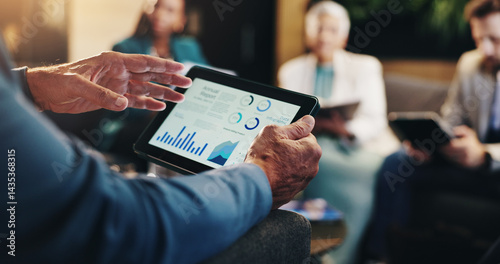 Obraz na płótnie Business charts, hands and meeting with tablet screen for revenue stats, company performance and financial growth. Closeup, investors and graphs for budget forecasting, data analysis or profit report w salonie