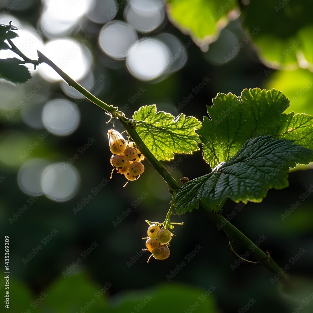 Obraz premium White Currants on Branch Sunlight Backlit Berries