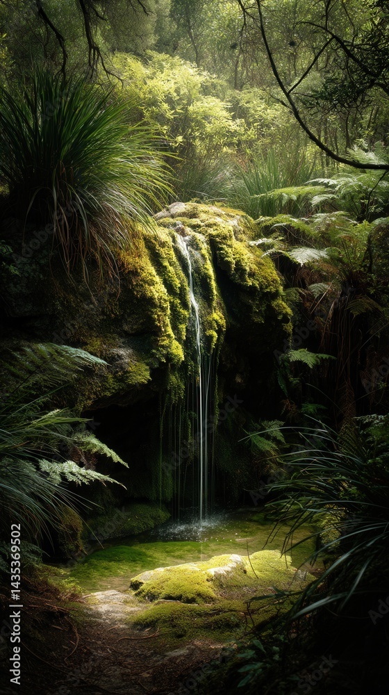 Serene waterfall cascading over mossy rocks in a lush green forest creating a tranquil and peaceful atmosphere with sunlight filtering through trees nature photography Serene waterfall cascading over mossy rocks in a lush green forest creating a tranquil and peaceful atmosphere with sunlight filtering through trees nature photography