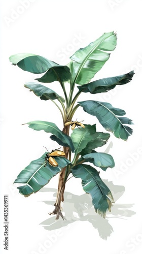 Lush banana plant with vibrant green leaves and two yellow beetles adding a touch of nature illustration botanical art tropical vibe isolated on white background