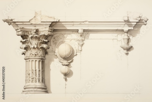 Detailed architectural drawing of a classical column, entablature, and decorative elements, showcasing intricate carvings and design.