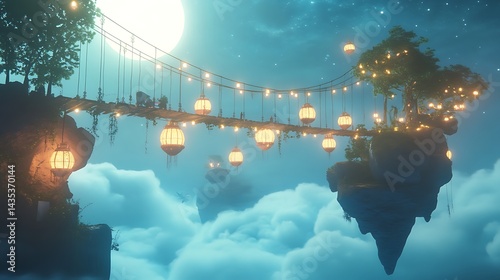 A mystical floating bridge adorned with glowing lanterns spans a sky-high realm.