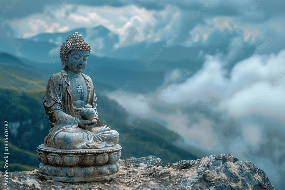 Ancient statue great Buddha on bright holiday composition, abstract vivid composition consists of fictional unreal fantastic vision on background Ancient statue great Buddha on bright holiday composition, abstract vivid composition consists of fictional unreal fantastic vision on background