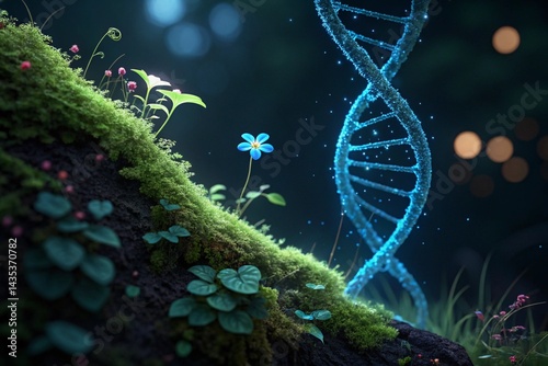 Nature and biotechnology concept showing dna strand surrounded by lush greenery symbolizing genetic research and life
