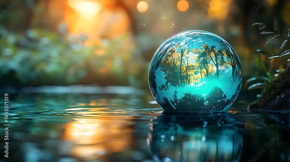 Serene Water Globe Reflecting Forest Scenery with Light Reflections and Ripples View Serene Water Globe Reflecting Forest Scenery with Light Reflections and Ripples View