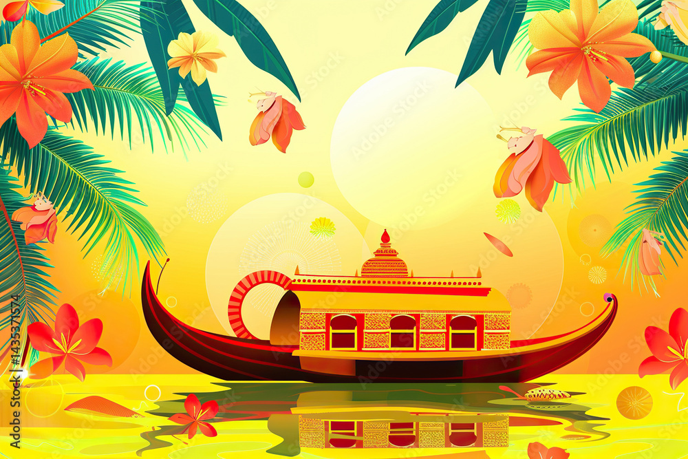 Abstract vivid greeting card with holiday composition for happy celebrate Onam on colored background Abstract vivid greeting card with holiday composition for happy celebrate Onam on colored background