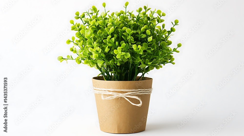 Fototapeta premium Small Potted Green Bush Plant with Natural Rope Bow on White Background