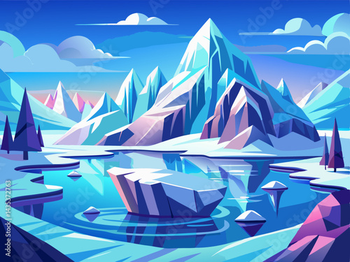 A cool-toned vector of an arctic scenery with clean lines, placed on a solid pale blue background