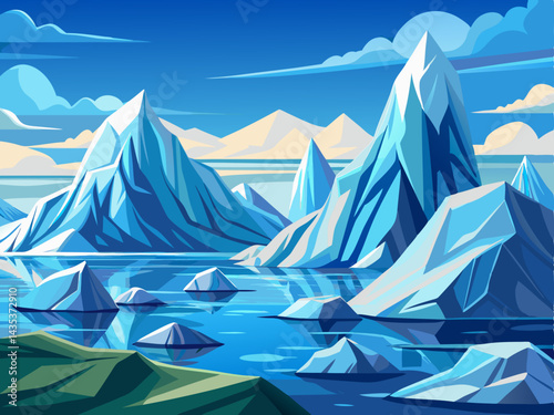 A high-quality vector of icy mountains and floating icebergs in a calm sea, isolated on a white background