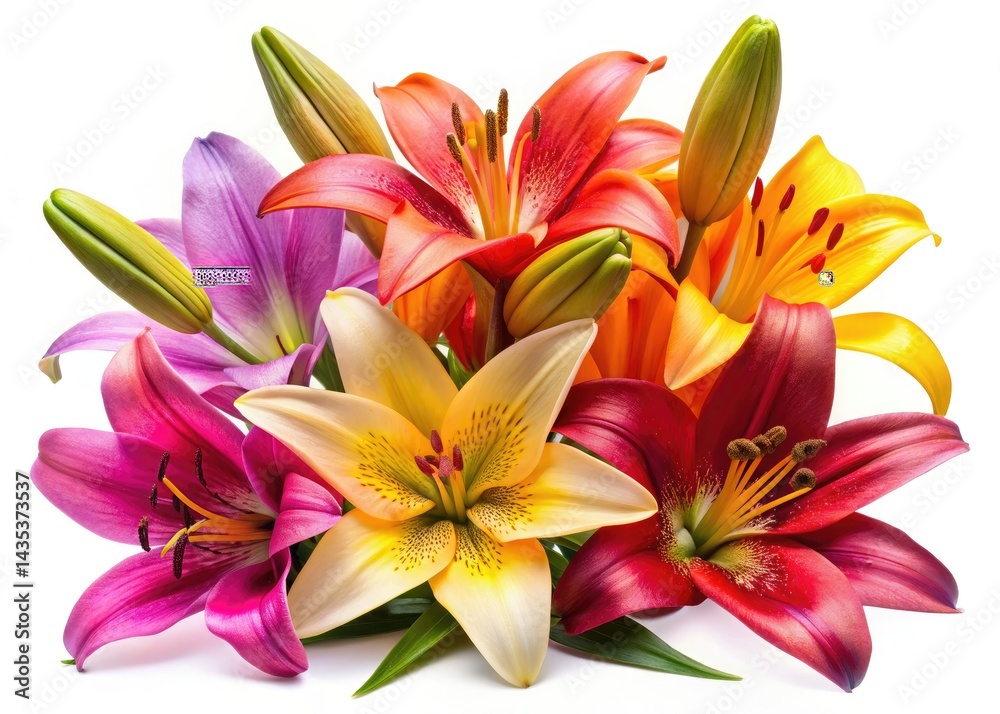 Obraz premium Colorful Lily Flowers, Isolated White Background, Candid Photography, Blooming Lilies, Vibrant Lily Images, High Resolution