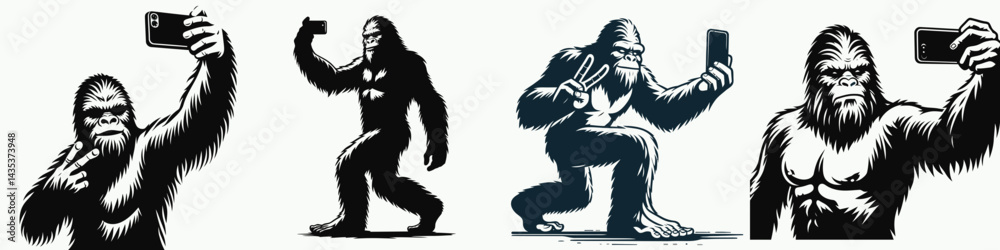 Obraz premium Bigfoot Taking a selfie. Sasquatch cartoon clipart. Cryptid self-portrait elusive hairy hominid snaps photo of visage.