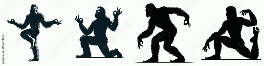 Fototapeta premium Bigfoot standing yoga poses. Sasquatch cartoon clipart. upright balancing asana figure positions wilderness cryptozoology theme.