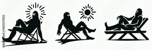 Bigfoot sun bathing. Sasquatch cartoon clipart. Elusive hominid enjoying sunlight a cryptozoology legend in repose.